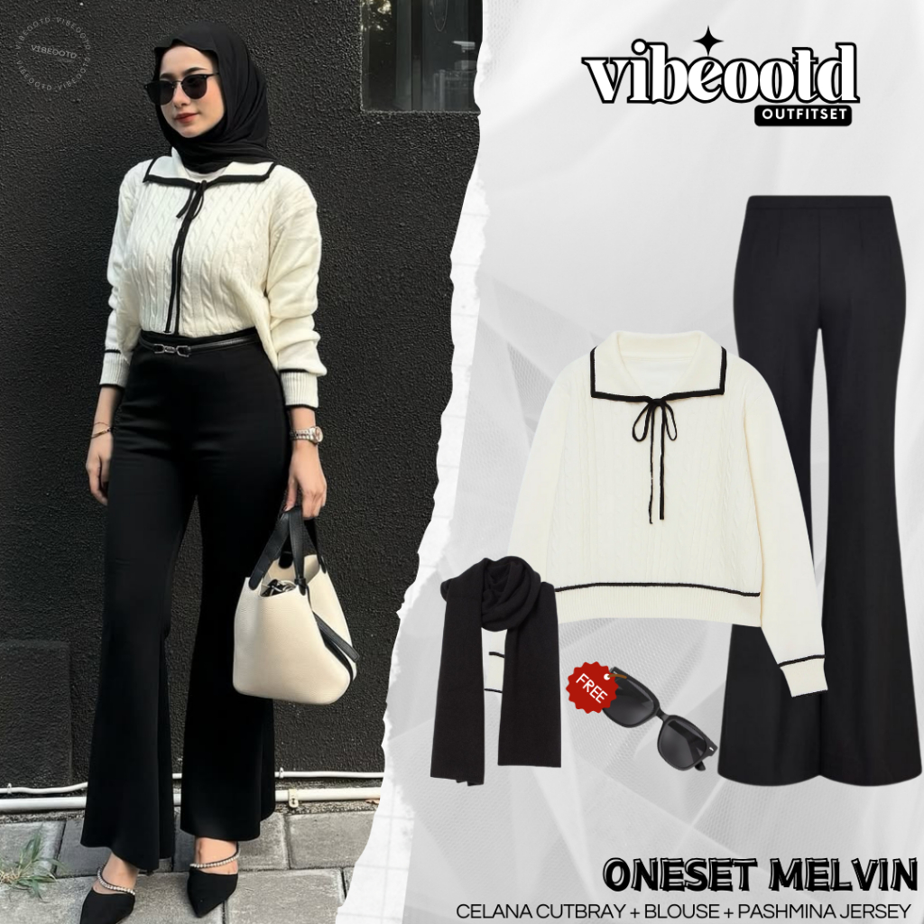 Melvin Outfit Set Wanita Hijab ( Celana Cutbray + Blouse + Pashmina Jersey )Ootd Hijab Kece Kekinian