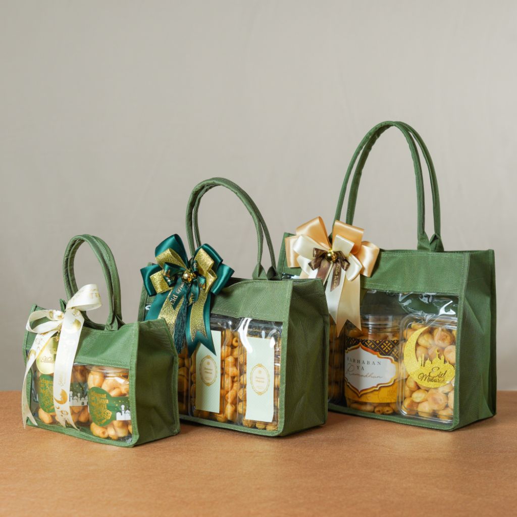 

Goodie Bag Tas Mika kombinasi Hampers Muat Toples Jar Idul Fitri - Hijau / Cream Polos