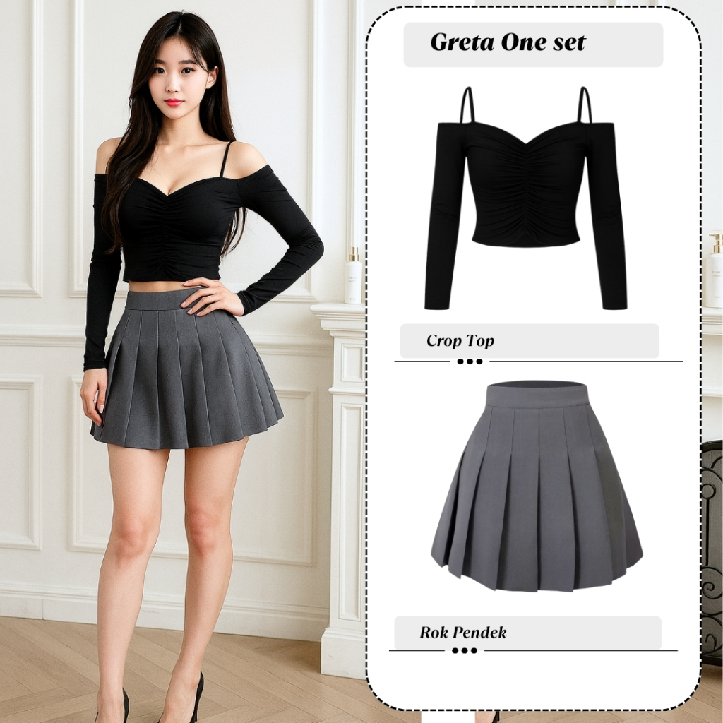 Setelan Wanita Kekinian Greta Outfit Korean Style (Crop Top + Rok Pendek) Fashion OOTD Sexy Casual