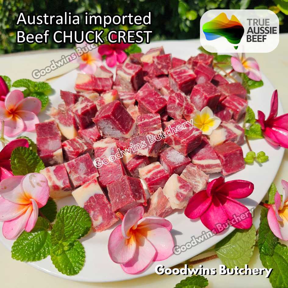

Beef CHUCK CREST 1.2kg FRESHLY DICED to order frozen Australia Kilcoy STEER (young cattle) & AMH for soup soto rawon semur gulai cancang cincang tongseng