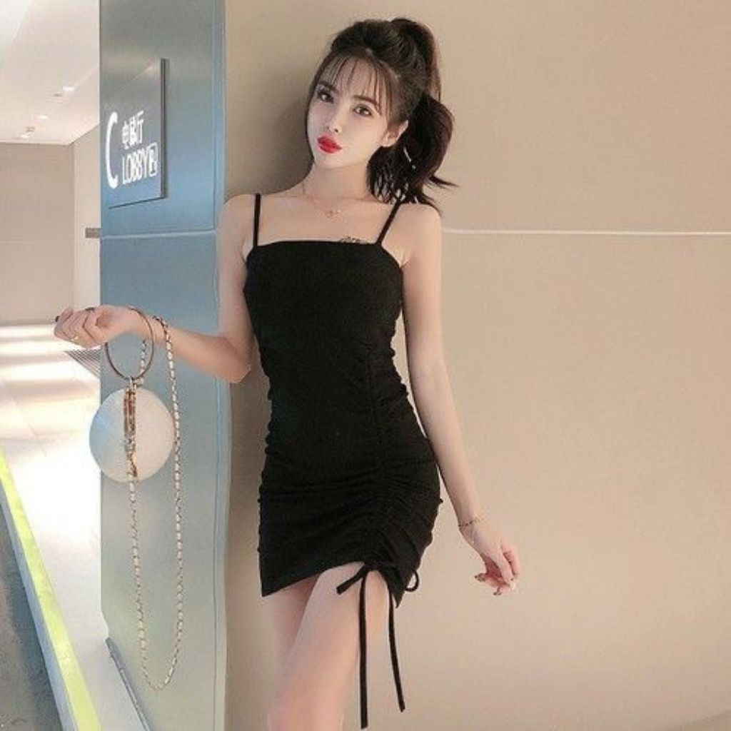 Dress Tali Pundak Serutan Paha Wanita Kekinian - Dress Korean Wanita Sexy Party Kekinian