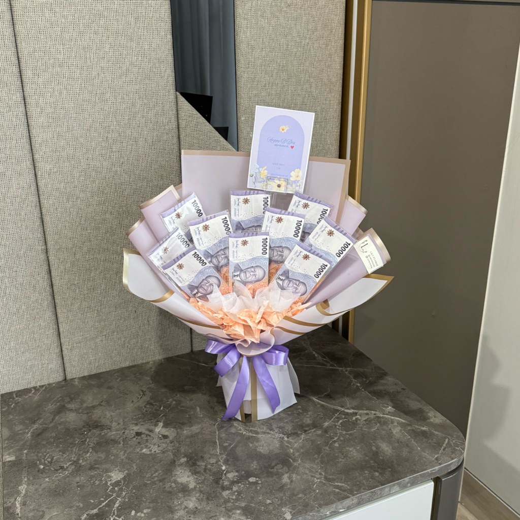 buket bunga semarang uang 10 lembar pecahan 10rb (100rb) ungu custom murah flower bouquet money bouq