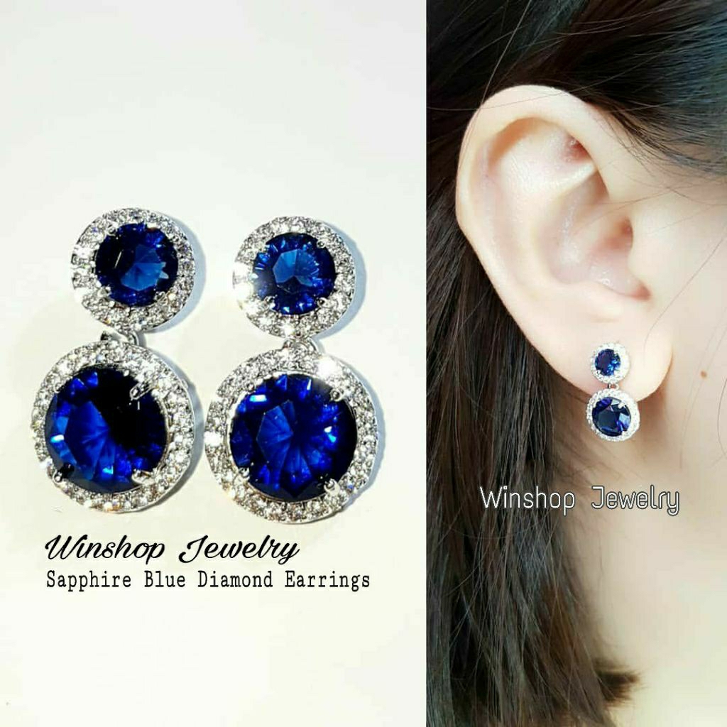 Anting Berlian Biru Wanita Anting Silver Perak Permata Biru Anting Blue Safir Saphire Sapphire Antin
