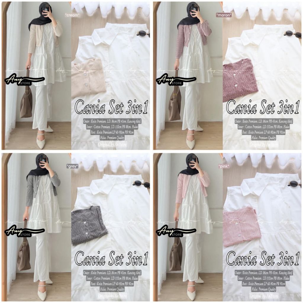 CANIA ALKA GIELZA SET CELANA 3IN1 ORI BY ANY A.n.Y // BAJU ATASAN WANITA KEMEJA KATUN KNITE POLOS OU