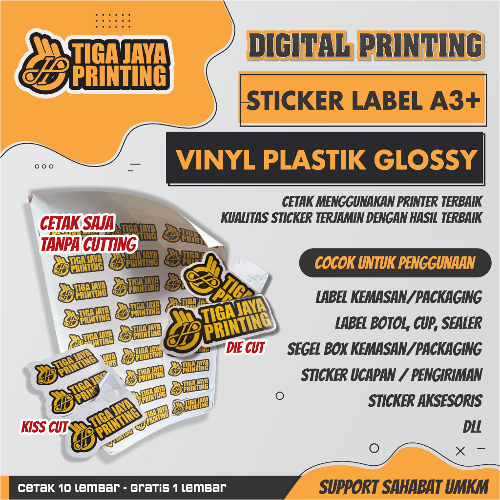 

CETAK STIKER VINYL PLASTIK CUTTING LABEL A3+ CUSTOM ANTI AIR KISS CUT DIE CUT STIKER LABEL MAKANAN