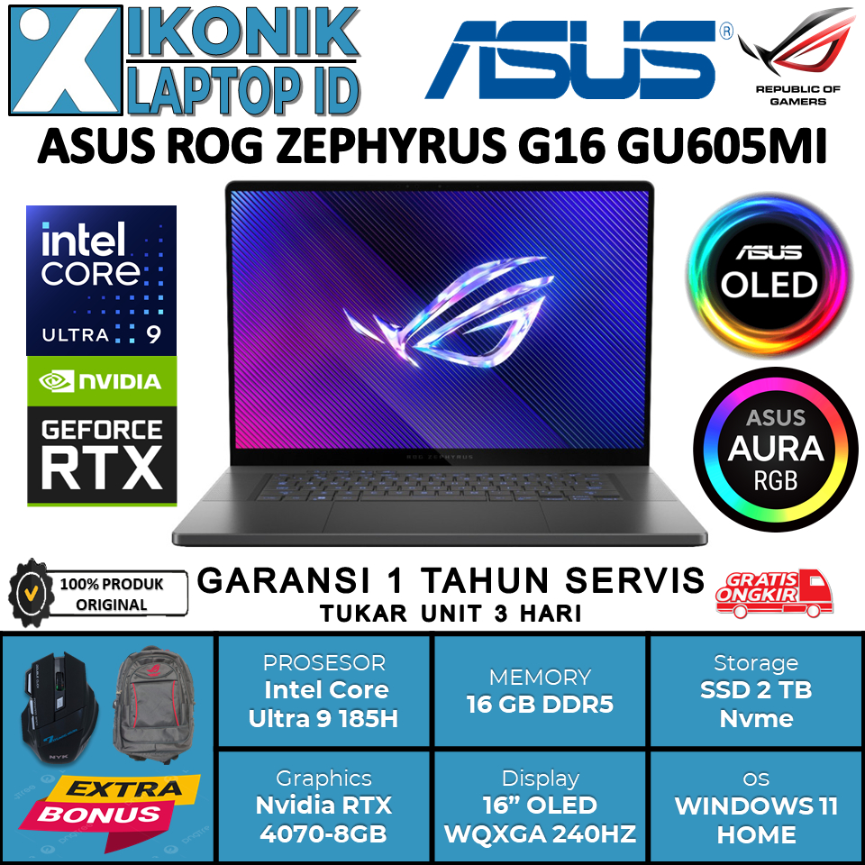 Laptop Gaming Asus ROG ZEPHYRUS G16 OLED Intel Core Ultra 9 185H Nvidia RTX 4070-8GB 2  TB Ssd Nvme