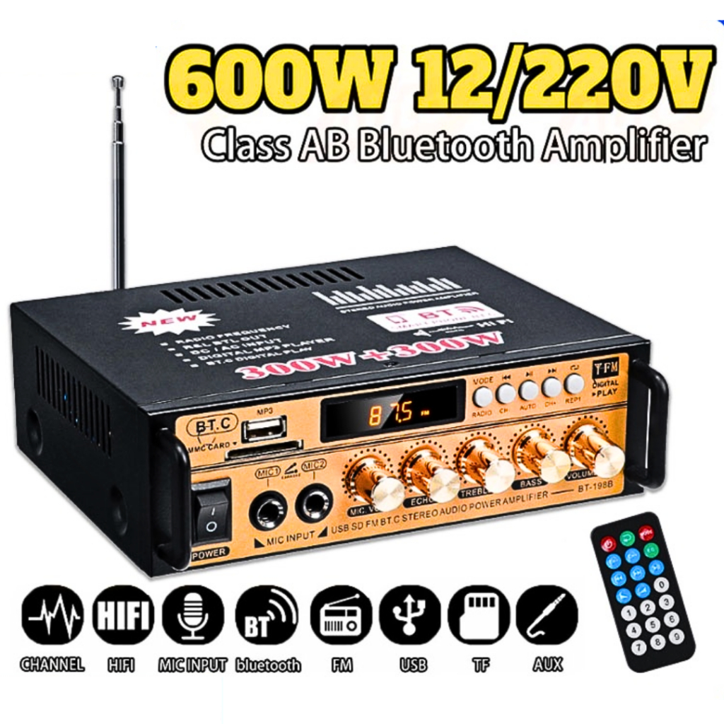 Ampli Amplifier Karaoke Masjid Bluetooth Super Bass Rumahan Eq Mixer 600W Bt-198E