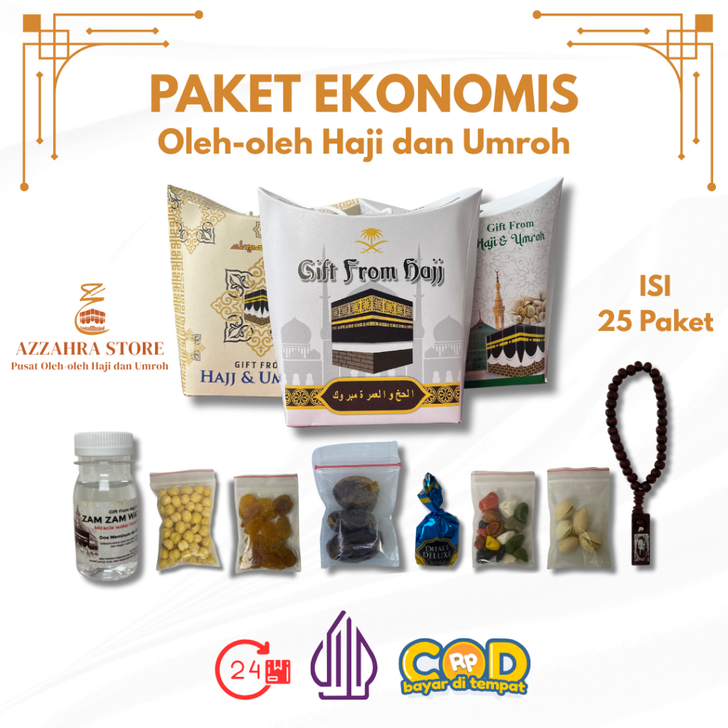 

Paket 25Pcs Ekonomis Oleh-oleh Haji dan Umroh Isi Air Zamzam Dus Tali