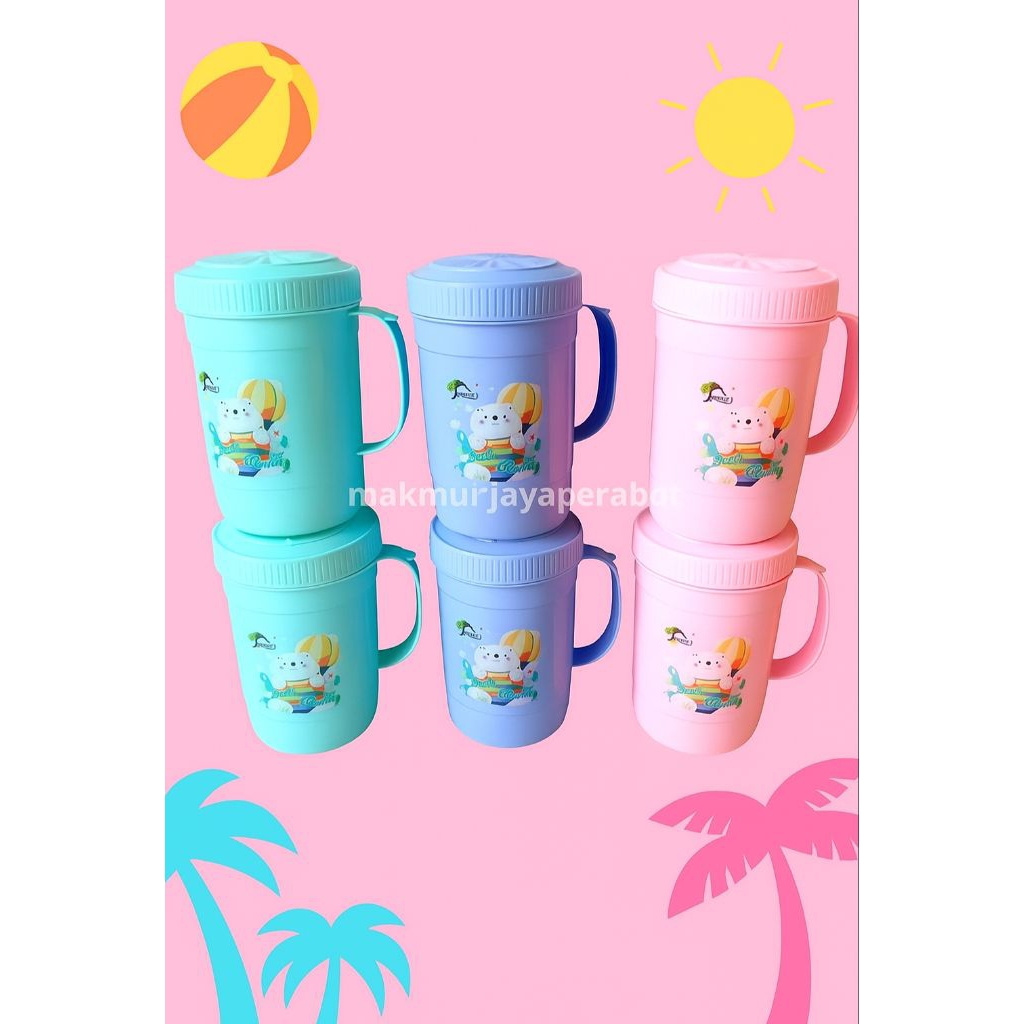 Gelas mug / tutup benji Alexish karakter printing 1 Liter jumbo / cangkir plastik gagang 1000 ml