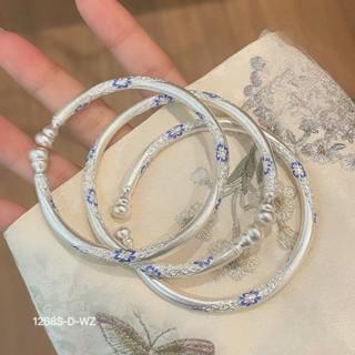 Perak Murni999Gelang Bunga Labu Biru Ungu Enamel Tradisional untuk Wanita, Desain Terbuka yang Dapat