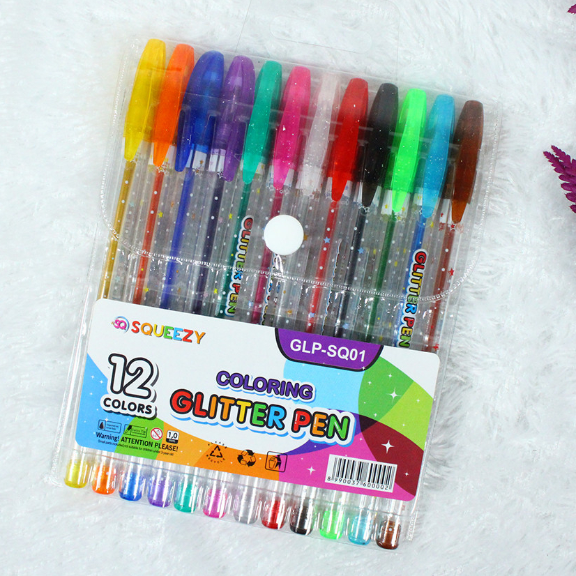 

Harga Grosir (1Dus/ 20set/ 240pcs ) Pulpen Coloring Glitter Pen Gel 12 Warna SQUEEZY GLP-SQ0