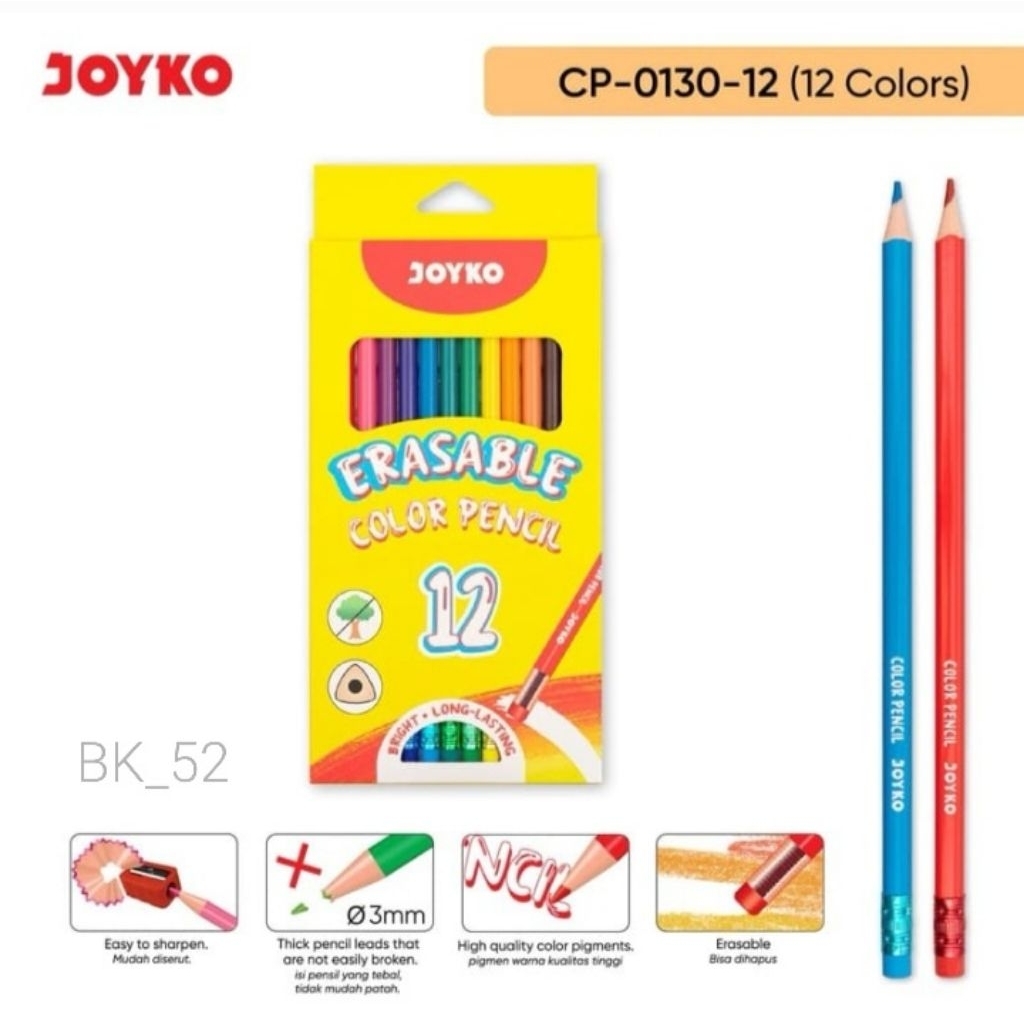 

Pensil Warna JOYKO Eraseble Color Pencil CP-0130-12 Warna Dapat Dihapus