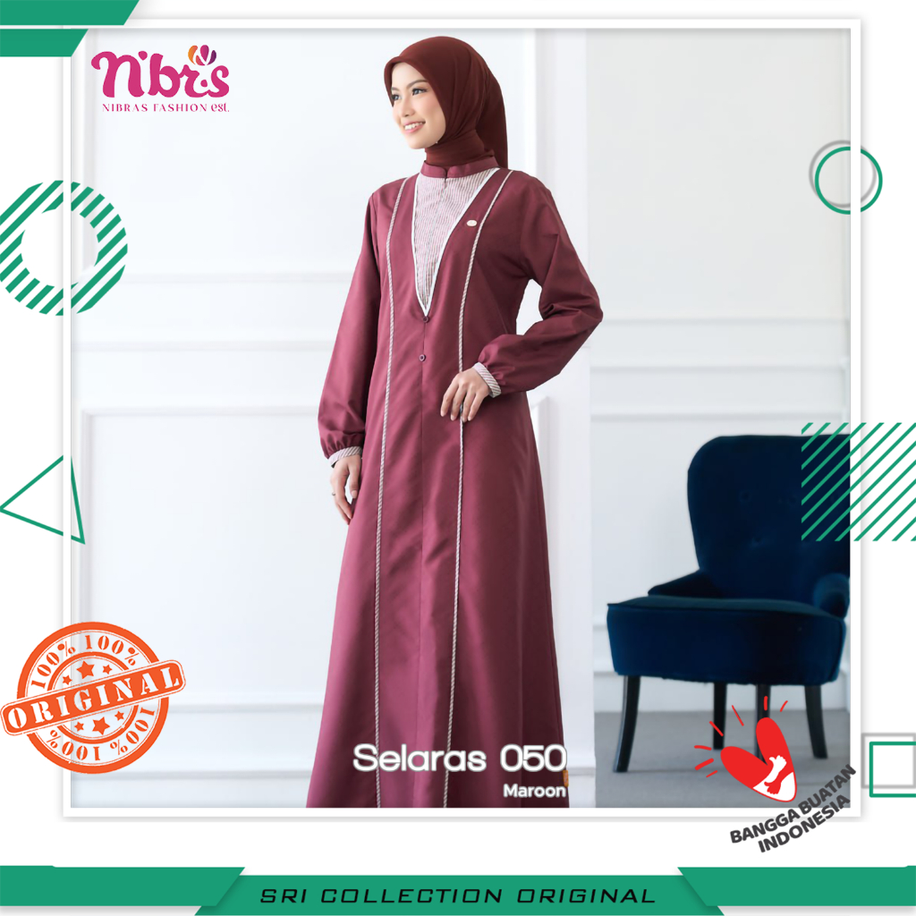 Nibras Gamis Premium Terbaru Bahan Katun Selaras 050 Dress Muslim Warna Maroon Simple Original