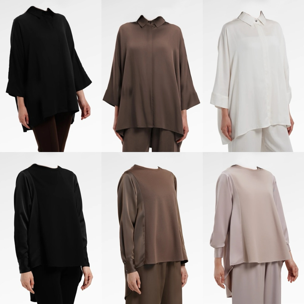[baca deskripsi⚠️] BENANG JARUM KYLA OVERSIZE SHIRT BLACK DARK TAUPE SIENNA MIX FABRIC BLOUSE