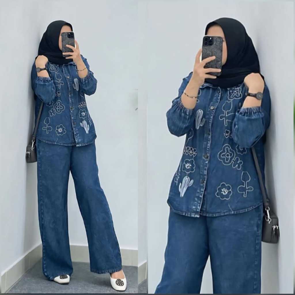 KAKTUS SET ,ootd kekinian setelan jeans aksen bordil || setelan full jeans bordil || setelan kekinia