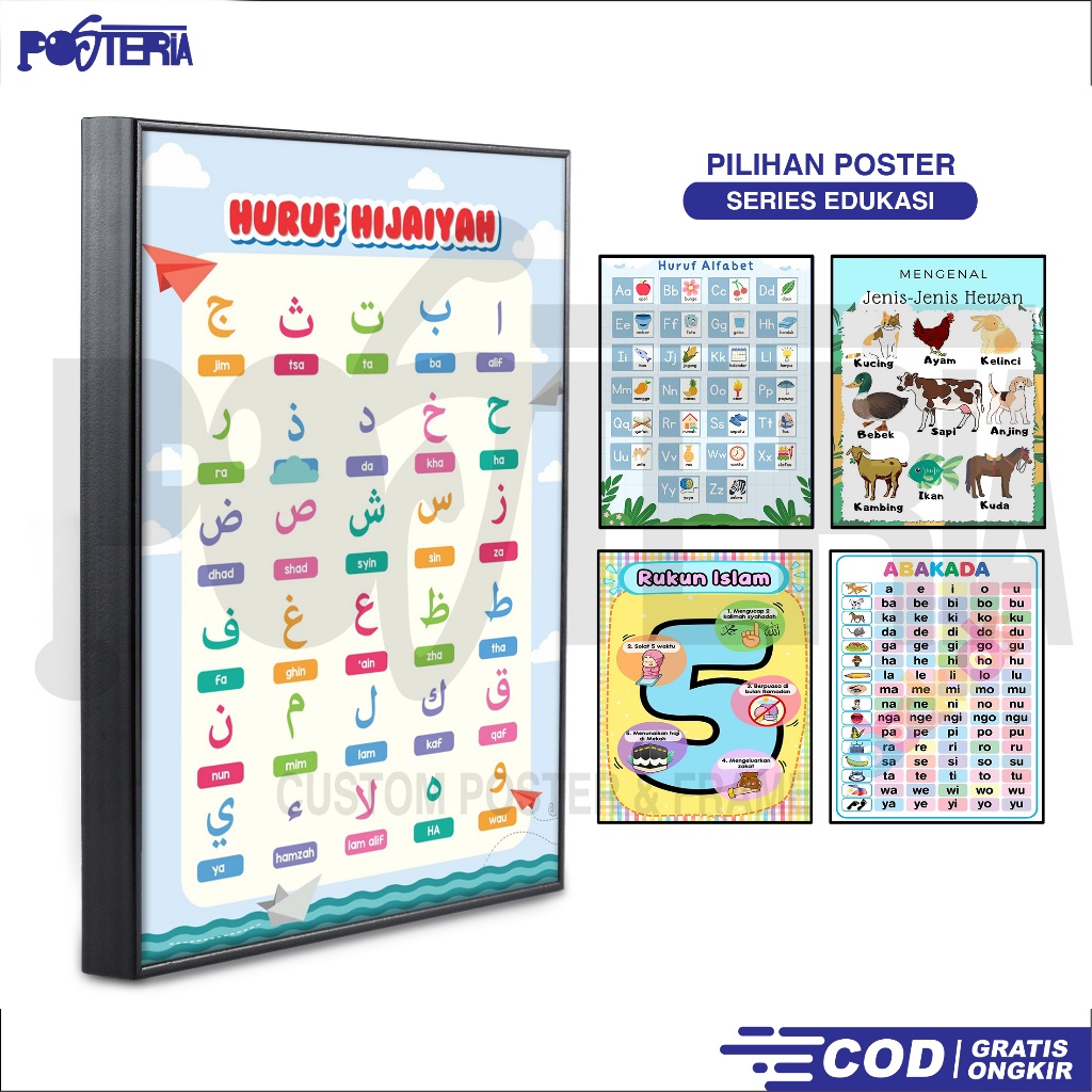 Poster Frame Edukasi Anak - Huruf Tegak Dan Sambung - Angka - Hijaiyah - Nama Hewan - POSTERIA