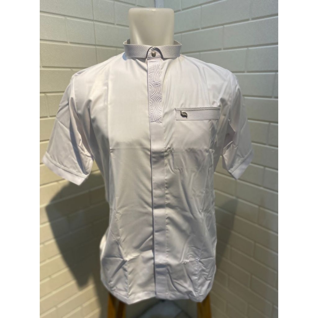Baju Koko Lengan Pendek Cuff Busana Muslim Pria Alraz Tipe Fachri Warna Putih Polos Half Slave