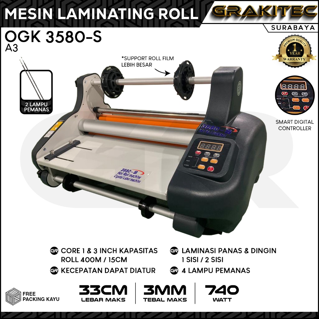 Mesin Laminasi / Laminating Roll A3+ OGK 3580s Hot ( Panas ) + Cold ( Dingin ) 4 Lampu Pemanas