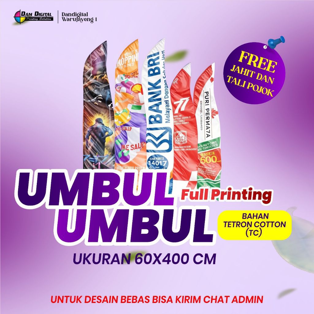CETAK UMBUL-UMBUL CUSTOM DESAIN FULL PRINTING MULAI 3PCS