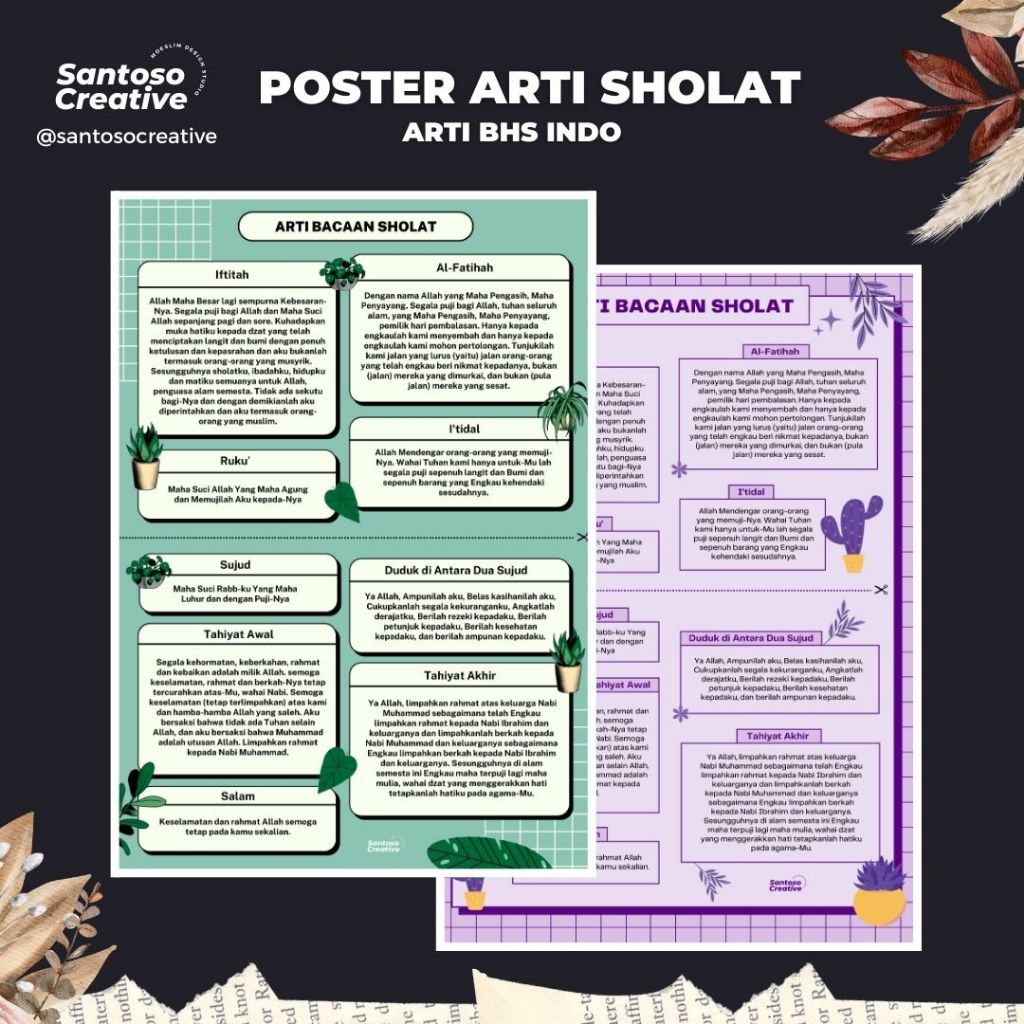 [Santoso Creative] Poster Arti Sholat Bahasa Indonesia + Bacaan Latin - Bacaan Shalat | Panduan Baca