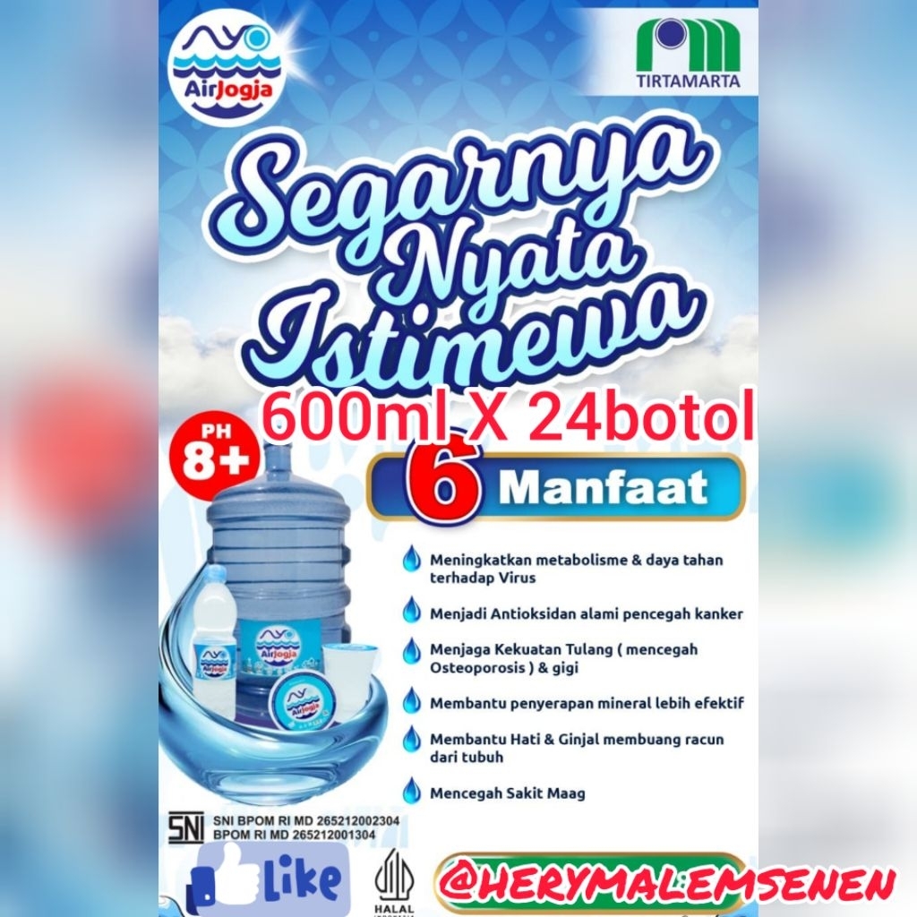

AIR MINERAL BOTOL 600ML 1 DUS ISI 24PCS MEREK AYO JOGJA PH 8+ ASLI YOGYAKARTA AIR BOTOLAN BENING MURNI HALAL MURAH