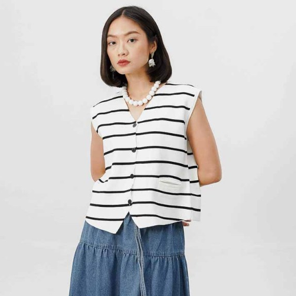 This Is April Atasan Wanita Kekinian Vest Tanpa Lengan Outerwear Office Look Orion Top White Stripe 