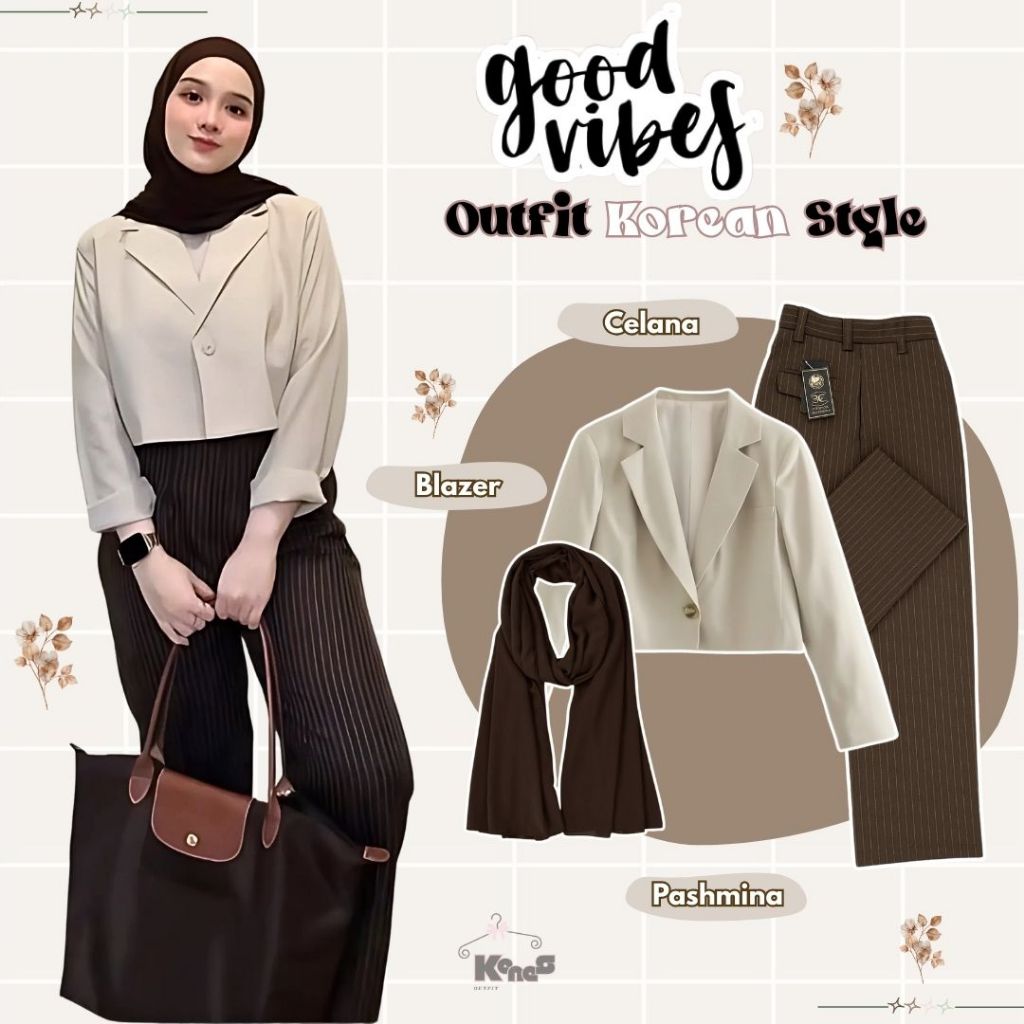 Setelan Wanita Hijab Blazer Crop Celana Panjang Salur dan Pashmina Kaos Gaya Korea
