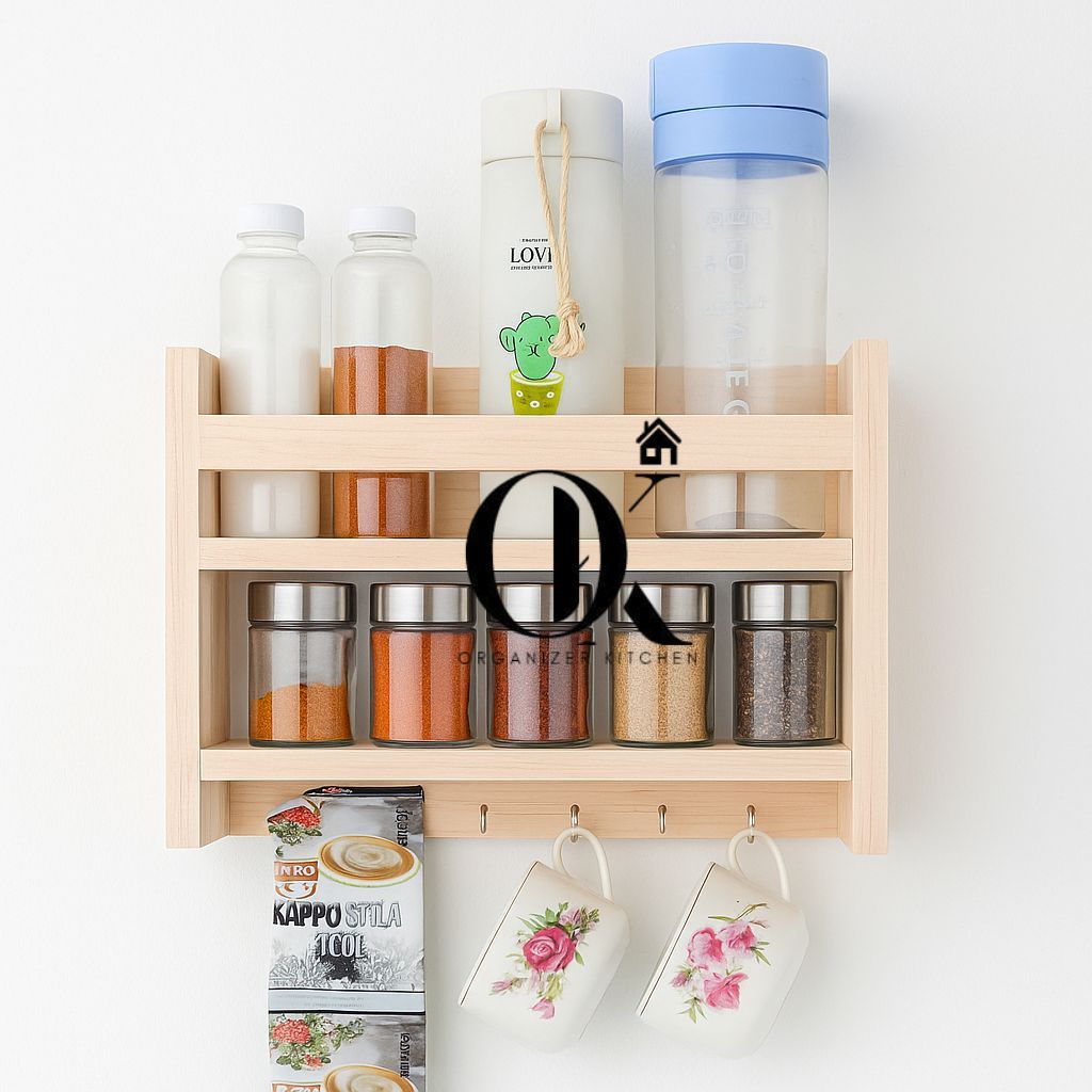 OK Rak Dapur Gantung Kayu Natural Minimalis – Rak Bumbu & Gelas Serbaguna Dinding