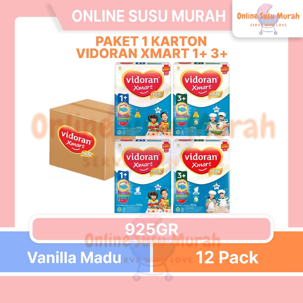 VIDORAN XMART 1+ 3+ VANILA MADU PAKET 1 KARTON 925 GR x 12 PCS TAHAP 1 3 SSKD