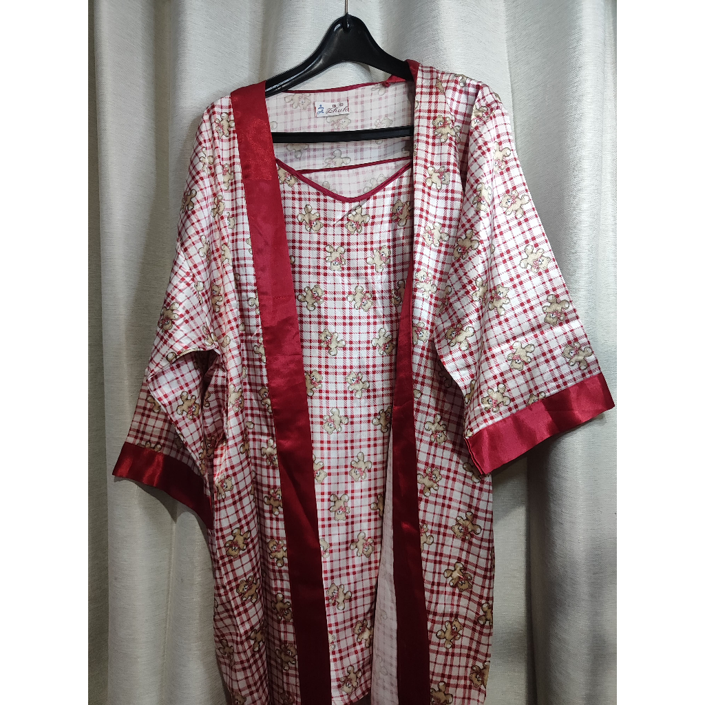 Baju Tidur Piyama Satu 1 Set Model Kimono Outer Wanita Motif Kotak Merah