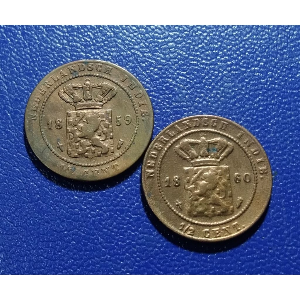 Koin Lawas Indonesia 1/2 Cent  Kecil Jaman Penjajahan 2 Keping Tahun 1859 & 1860 Langka