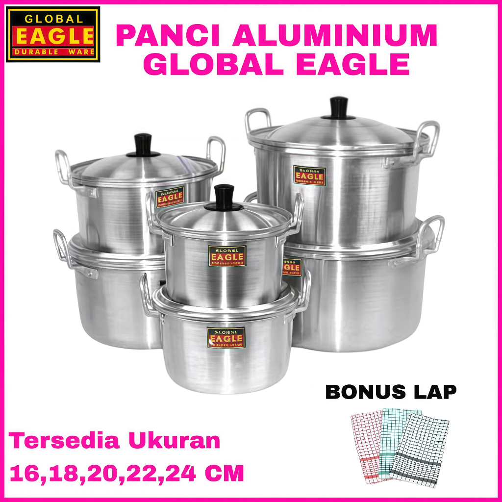 Panci Set Aluminium Global Eagle Jawa Maspion Ukuran 16 18 20 22 24 CM Panci Rebus Air Stainless Gag