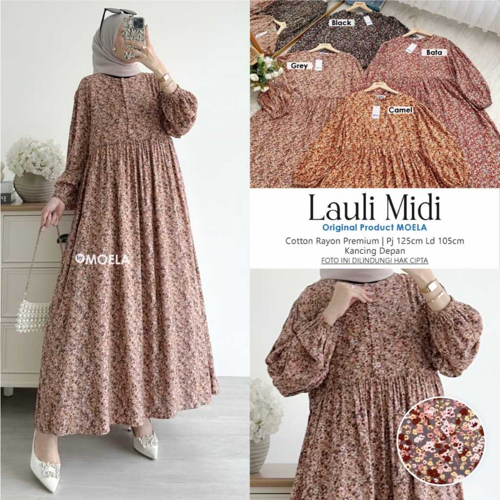 Mafin Aisim Sires Midi Dress Rayon Premium Motif Bunga Original Moela - Jicia