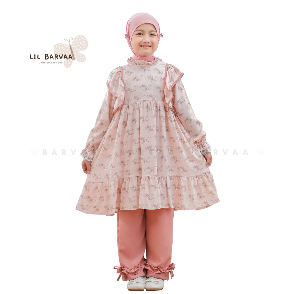 Lil Barvaa - Flora Peach Set Long Tunik Celana Anak Perempuan