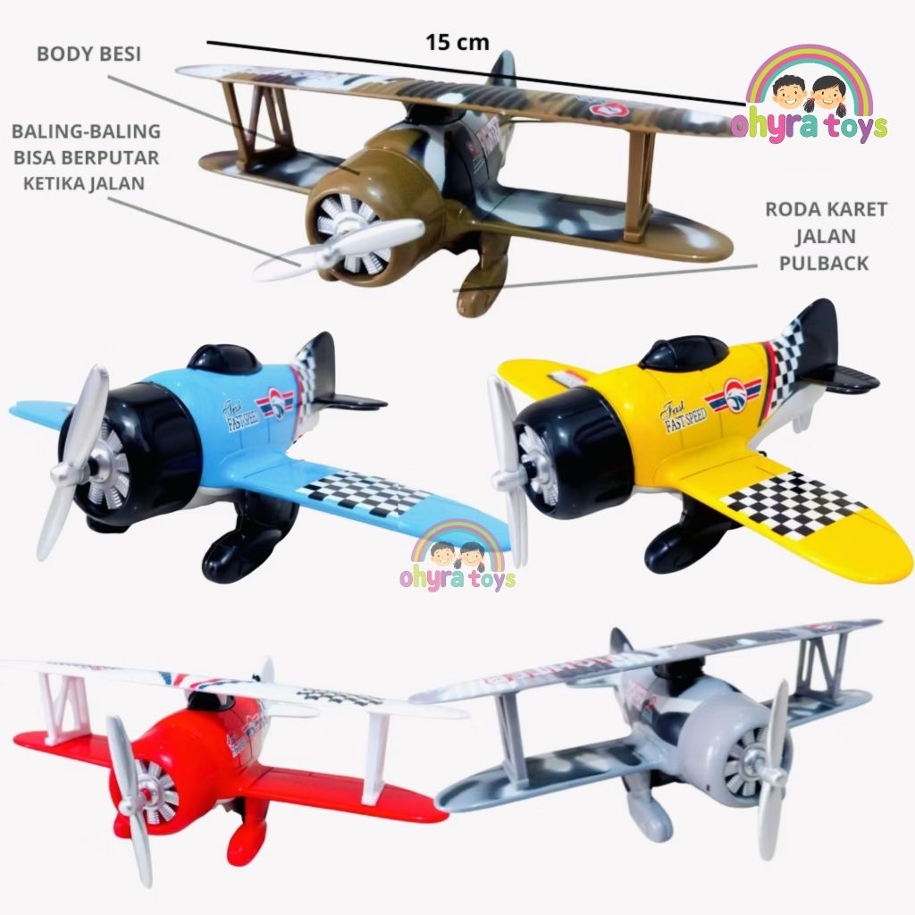 Mainan Anak Diecast  Pesawat Classic Pesawat Tempur Bahan Besi Baling Berputar Bisa Pullback