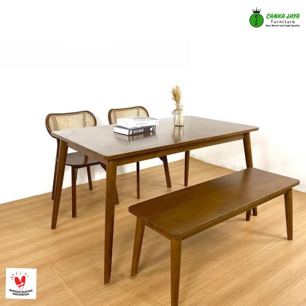 CANKA - Set Meja Makan 2 Kursi Rotan + 1 Bangku Panjang Model Minimalis Murah Kayu Jati