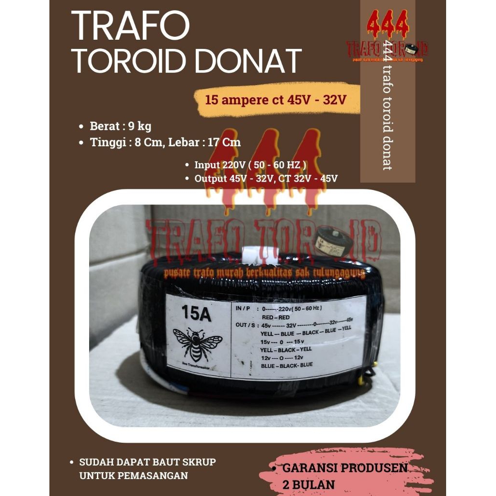 trafo toroid donat 15 ampere CT 45V - 32V