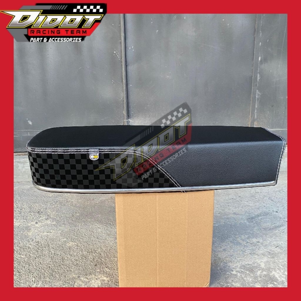 Jok CB kulit MBtech 100% Lis jahit putih motif catur alas galvanis anti gembos