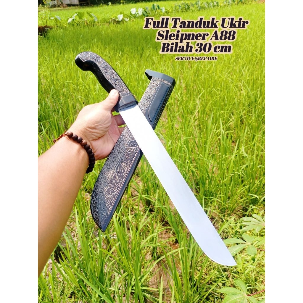 Pisau Sembelih Premium / Sultan Baja Sleipner A88 PB. 30 Full Tanduk Kerbau Ukir