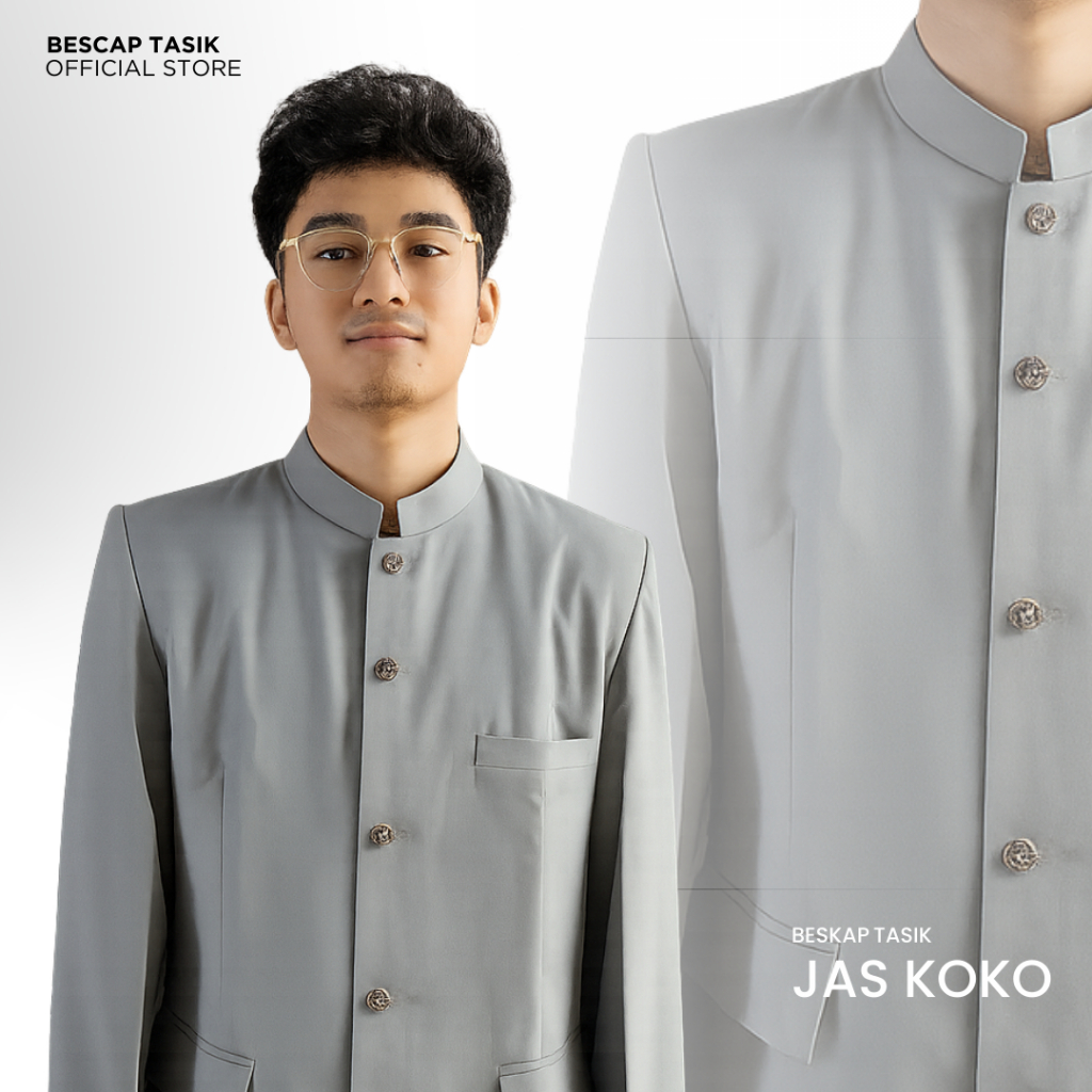 Beskap Jas Koko Pria Muslim Premium Abu Muda Polos Saku Tutup Monokrom Formal Informal S-XXL
