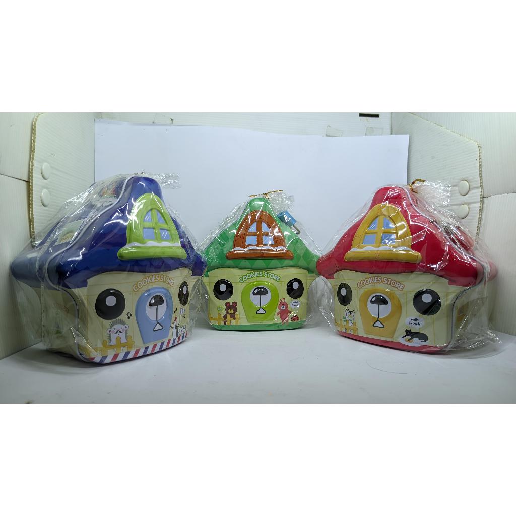 Celengan Kaleng Kunci Gembok Jamur Motif Timbul / S - 220 / Hijau / Biru / Merah