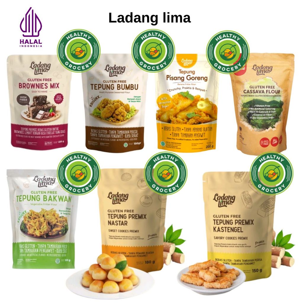 

Ladang Lima Tepung Bumbu Serbaguna 150gr / Tepung Pisang Goreng / Gluten Free Cassava Flour 500gr / Ladang Lima Gluten Free Brownies Mix 230gr