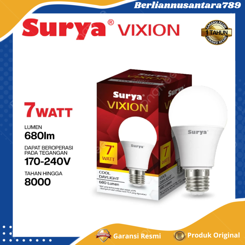 SURYA VIXION Bohlam Lampu  LED 7Watt Cahaya Putih Terang - Garansi Resmi 1 TAHUN