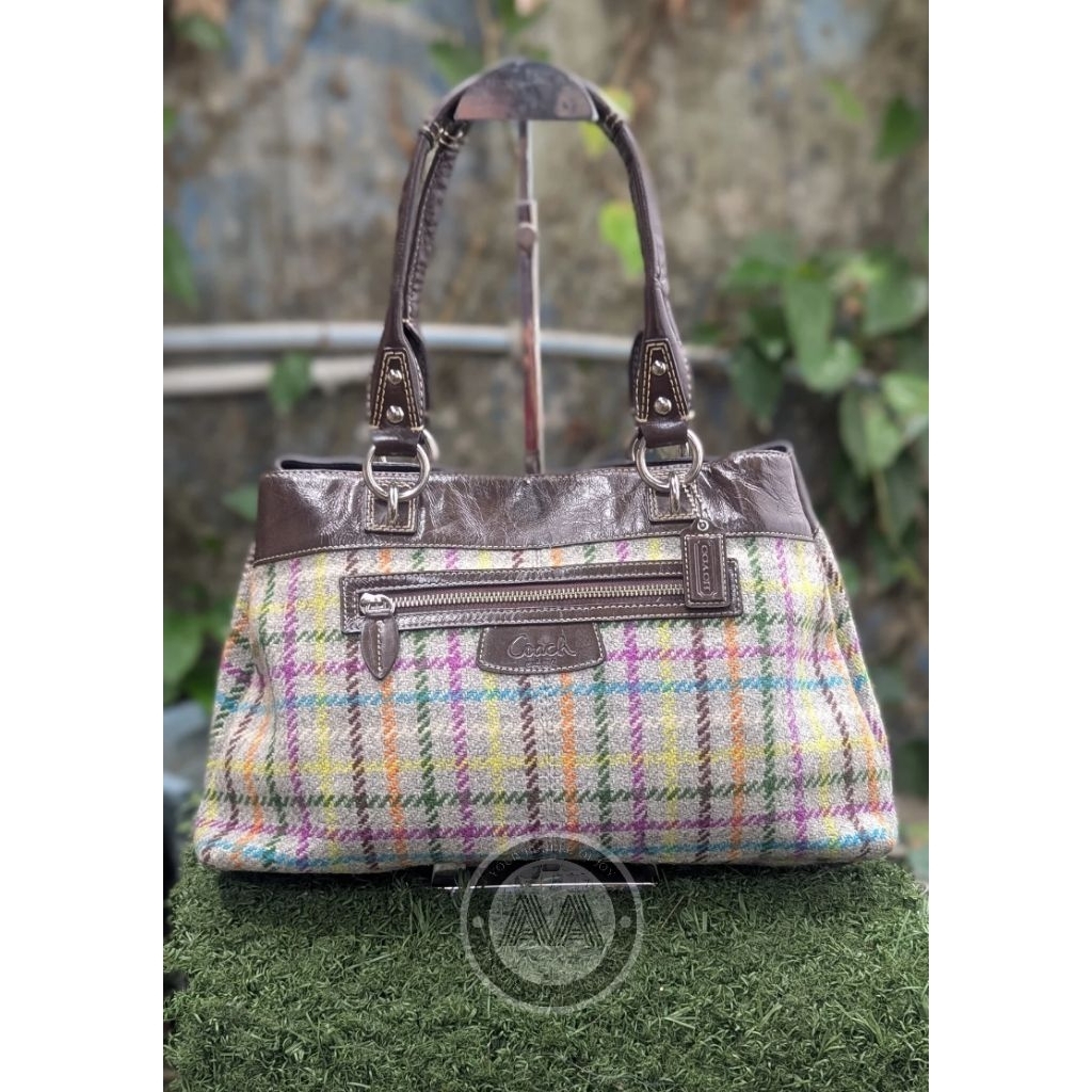 Authentic Coach Penelope Tattersall plaid wool tweed/patent leather tote bag