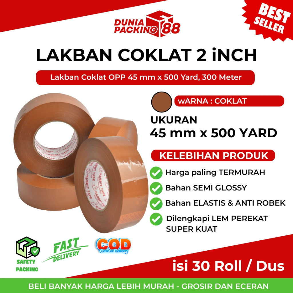 

Lakban Coklat 45 mm x 500 Yard Isolasi Selotip 2 Inch Tape Kualitas Rabbit Tape / Solasi Lakban Coklat Jumbo