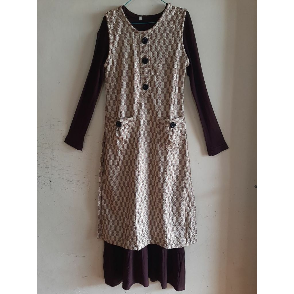 Set Outer rajut dan gamis kaos spandex PL