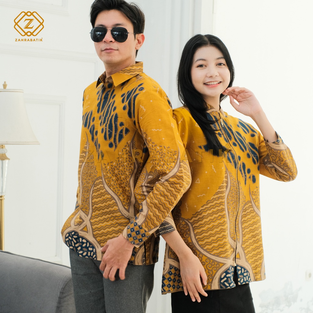 Batik Zahra-Batik Pria Lengan Panjang-Tunik Wanita-Batik Pasangan-Motif Rumeksa Warna Kuning