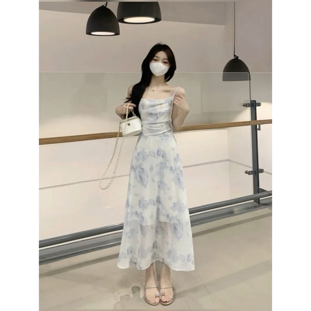 long dress baby blue backless smocked