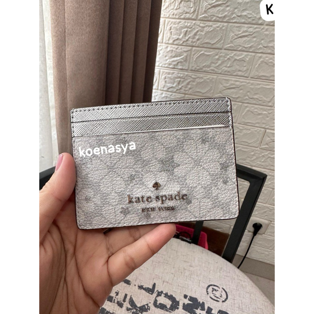 

ks kat* spade original spade flower Small Slim id Card case Holder star platinum silver gray grey new