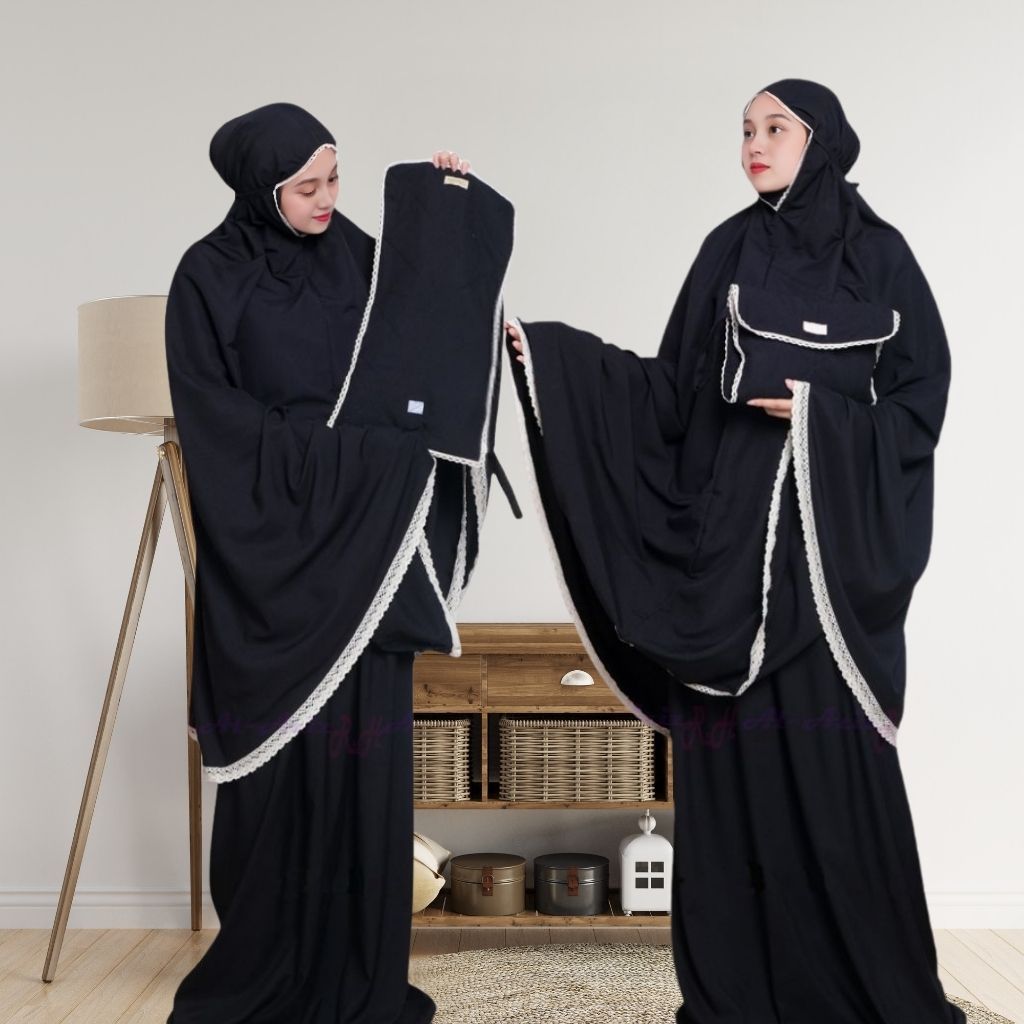 Mukena Dewasa Hitam Set Sajadah Katun Premium Traveling